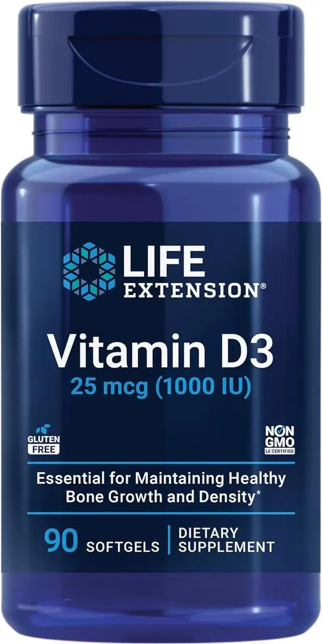 Vitamin D3, 25 mcg 1000 IU, 90 softgels, Vitamina D3, Life Extension USA