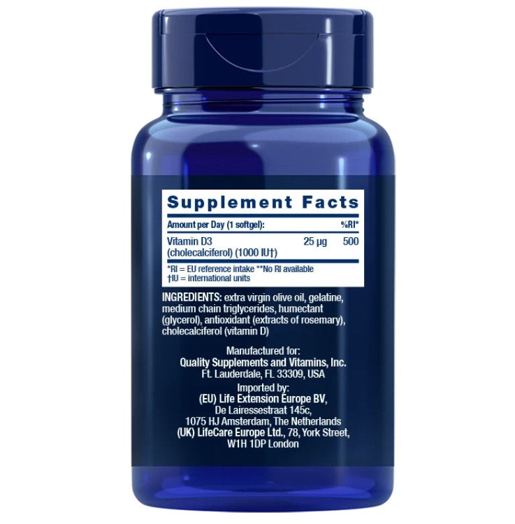 Vitamin D3, 25 mcg 1000 IU, 90 softgels, Vitamina D3, Life Extension