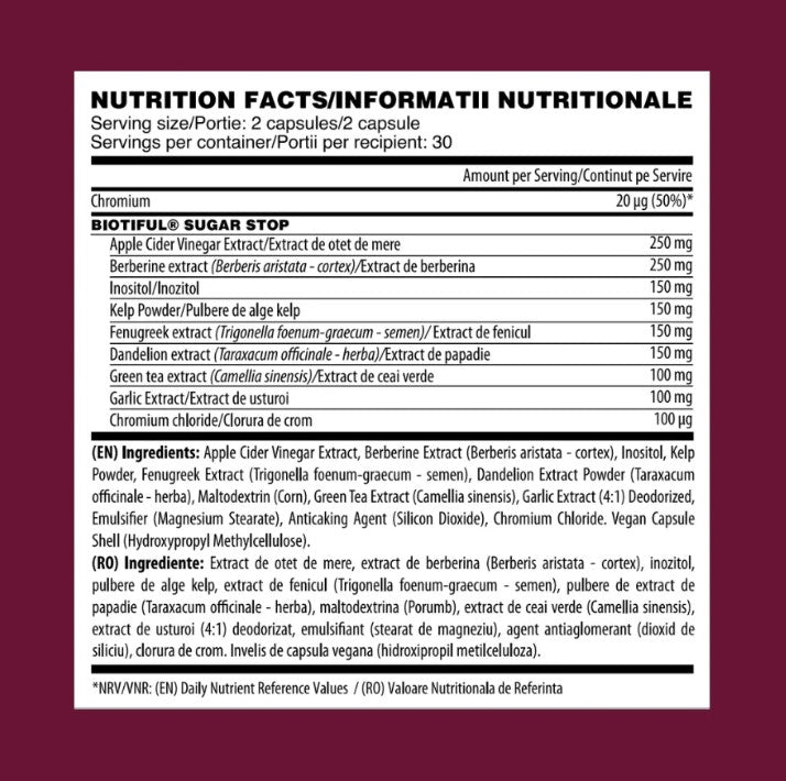 Sugar Stop, 60 capsules, Nutriceutice pentru controlul glicemiei, Biotiful Life