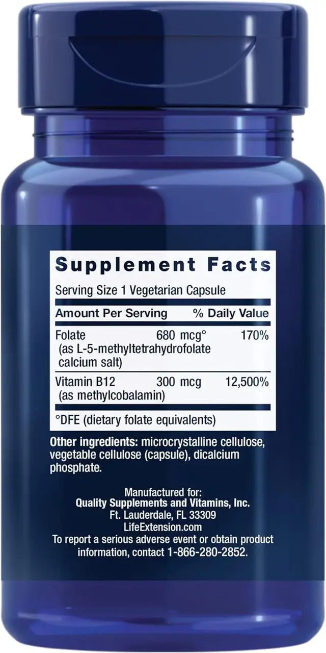 BioActive Folate & Vitamin B12, 90 capsule, Folat (5-MTHF) și vitamina B12 (metilcobalamină), Life Extension