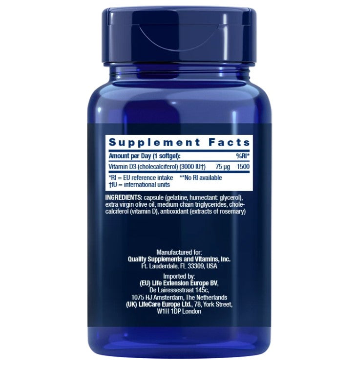 Vitamin D3, 75 mcg 3000 IU, 120 softgels, Vitamina D3, Life Extension, EU