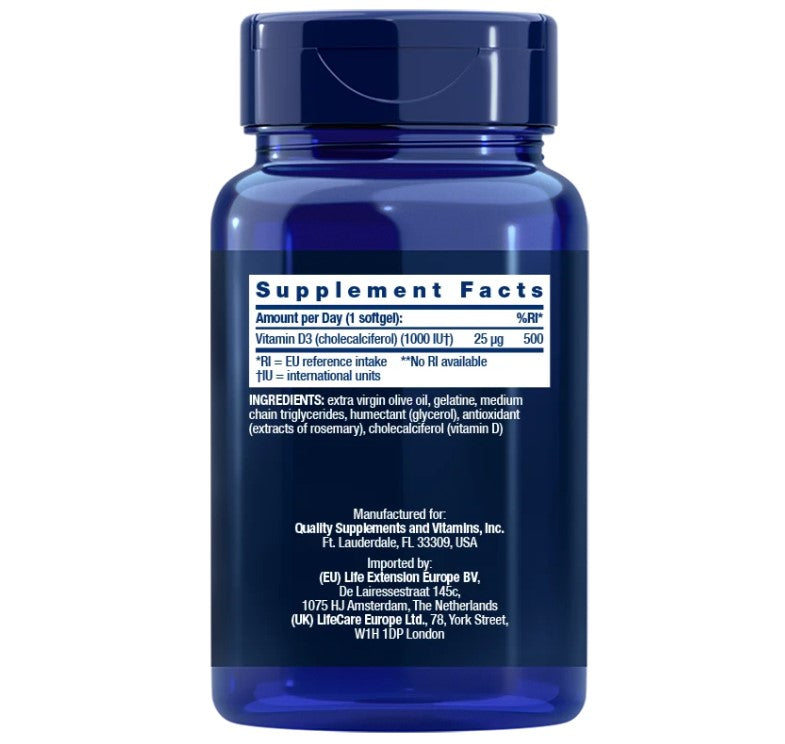 Life Extension Vitamin D3 / Vitamina D3 25 mcg (1000 UI) 250 capsule moi, EU