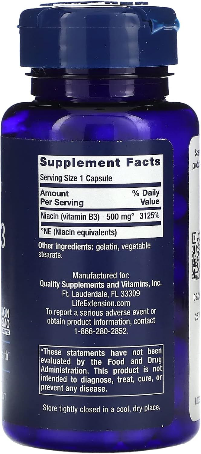 Vitamin B3 Niacin, 500 mg, 100 caps, Vitamina B3 Niacina, Life Extension