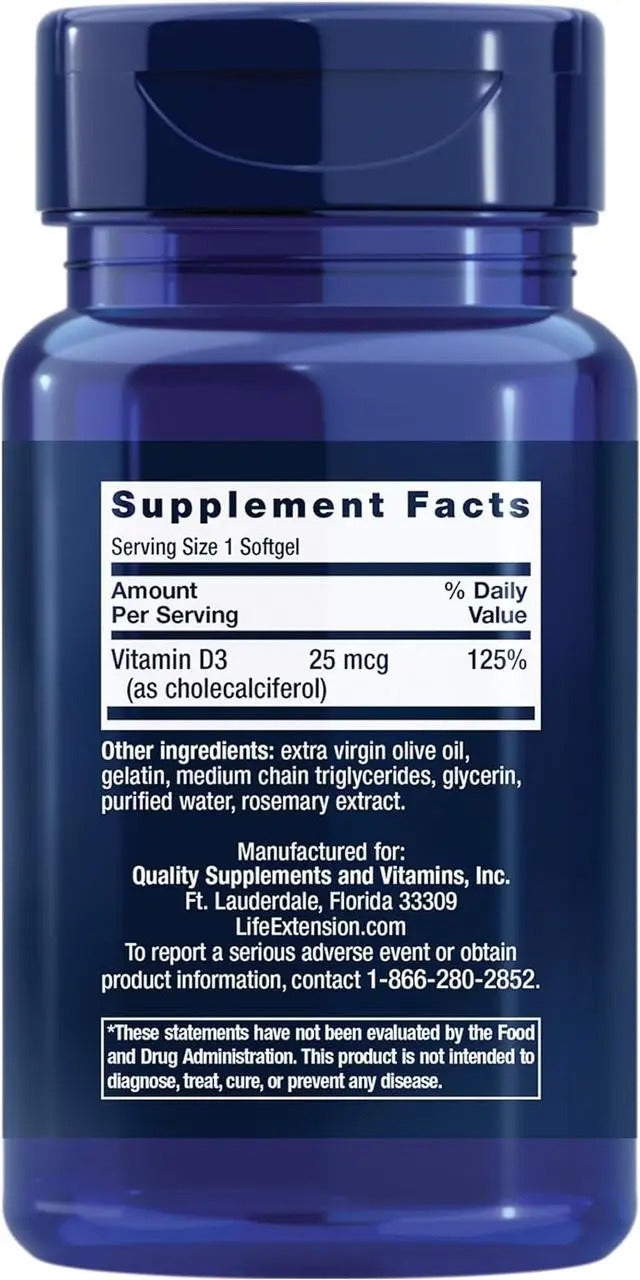 Vitamin D3, 25 mcg 1000 IU, 90 softgels, Vitamina D3, Life Extension USA