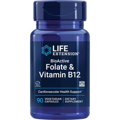 BioActive Folate & Vitamin B12, 90 capsule, Folat (5-MTHF) și vitamina B12 (metilcobalamină), Life Extension