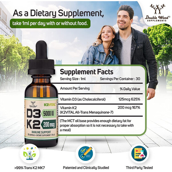 Vitamin D3 + K2, 30 ml, Vitamina D3 + K2, Double Wood, изображение 2