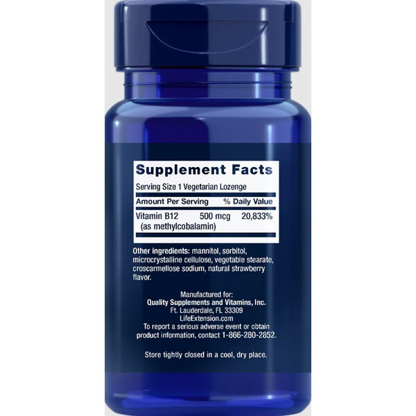 Vitamin B12 methylcobalamin, 500 mcg, 100 lozenges, Vitamina B12 metilcobalamină, Life Extension, изображение 2