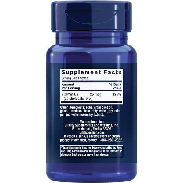 Vitamin D3, 25 mcg 1000 IU, 90 softgels, Vitamina D3, Life Extension USA, изображение 2