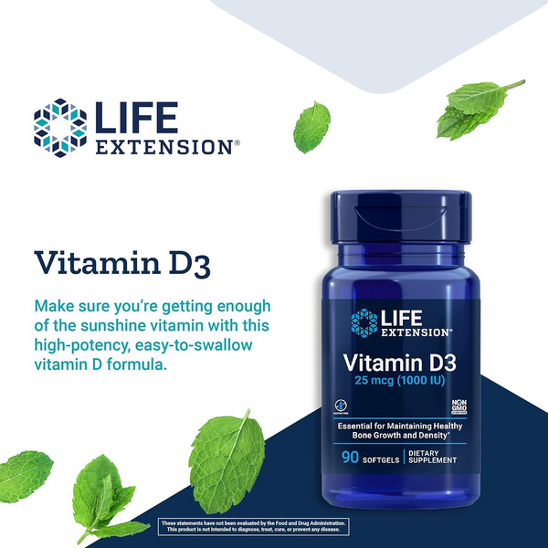 Vitamin D3, 25 mcg 1000 IU, 90 softgels, Vitamina D3, Life Extension USA, изображение 4