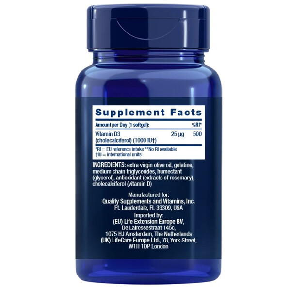Vitamin D3, 25 mcg 1000 IU, 90 softgels, Vitamina D3, Life Extension, изображение 2