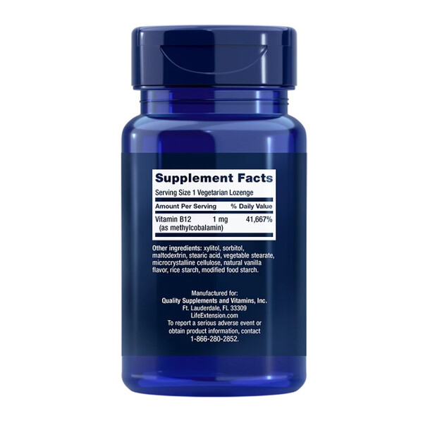 Vitamin B12 methylcobalamin, 1000 mcg, 60 lozenges, Vitamina B12 metilcobalamină, Life Extension, изображение 2