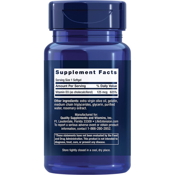 Vitamin D3, 125 mcg 5000 IU, 60 softgels, Vitamina D3, Life Extension, изображение 2