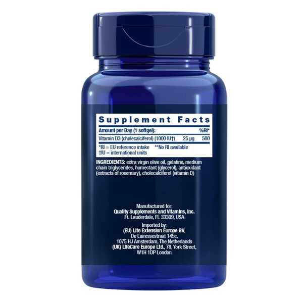 Life Extension Vitamin D3 / Vitamina D3 25 mcg (1000 UI) 250 capsule moi, EU, изображение 2