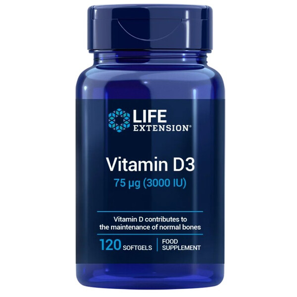 Vitamin D3, 75 mcg 3000 IU, 120 softgels, Vitamina D3, Life Extension, EU