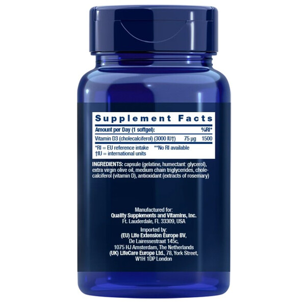 Vitamin D3, 75 mcg 3000 IU, 120 softgels, Vitamina D3, Life Extension, EU, изображение 2