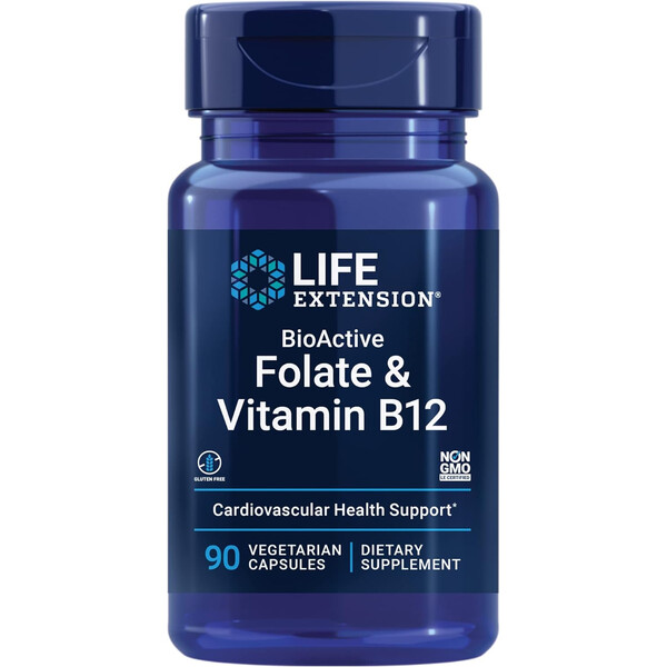 BioActive Folate & Vitamin B12, 90 capsule, Folat (5-MTHF) și vitamina B12 (metilcobalamină), Life Extension