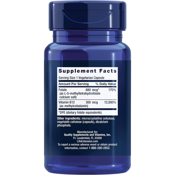 BioActive Folate & Vitamin B12, 90 capsule, Folat (5-MTHF) și vitamina B12 (metilcobalamină), Life Extension, изображение 2