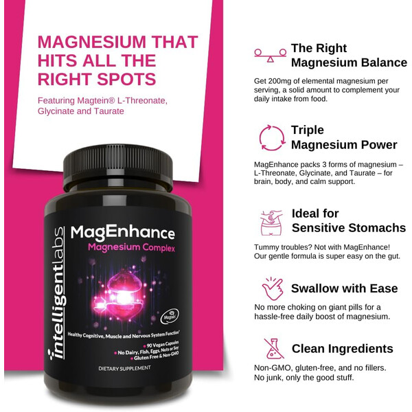 MagEnhance, 200 mg, 90 capsule, Magneziu L-Treonat Glicinat Taurat, Intelligent Labs, изображение 3