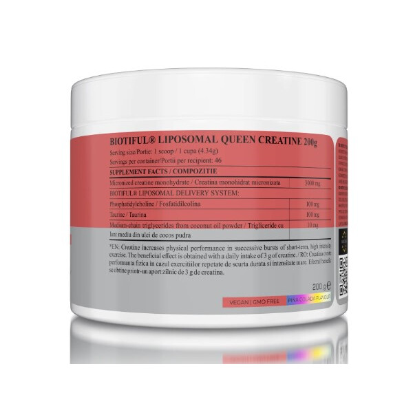 Queen Creatine Liposomal, 200 g, Creatina monohidrat lipozomala gust pina colada, Biotiful Life, изображение 3