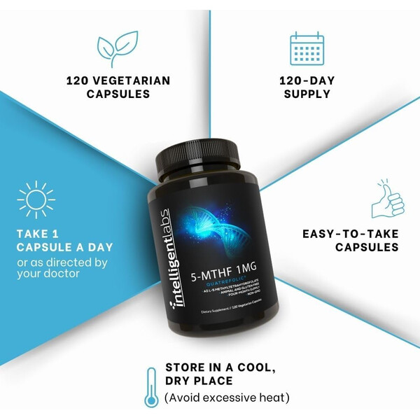 MTHF, 1 mg, 120 capsules, Metilfolat vitamina B9, Intelligent Labs, изображение 5